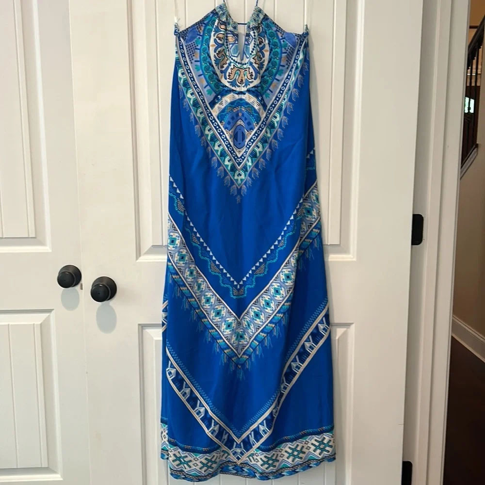 Flying Tomato Blue Maxi Geometric Back Tie Dress - Picture 2 of 9